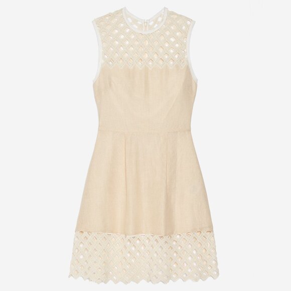 Sandro Paris Rita Linen Cotton Lattice Mini Dress, Cream White, Size 3 (US 8) - Picture 3 of 15